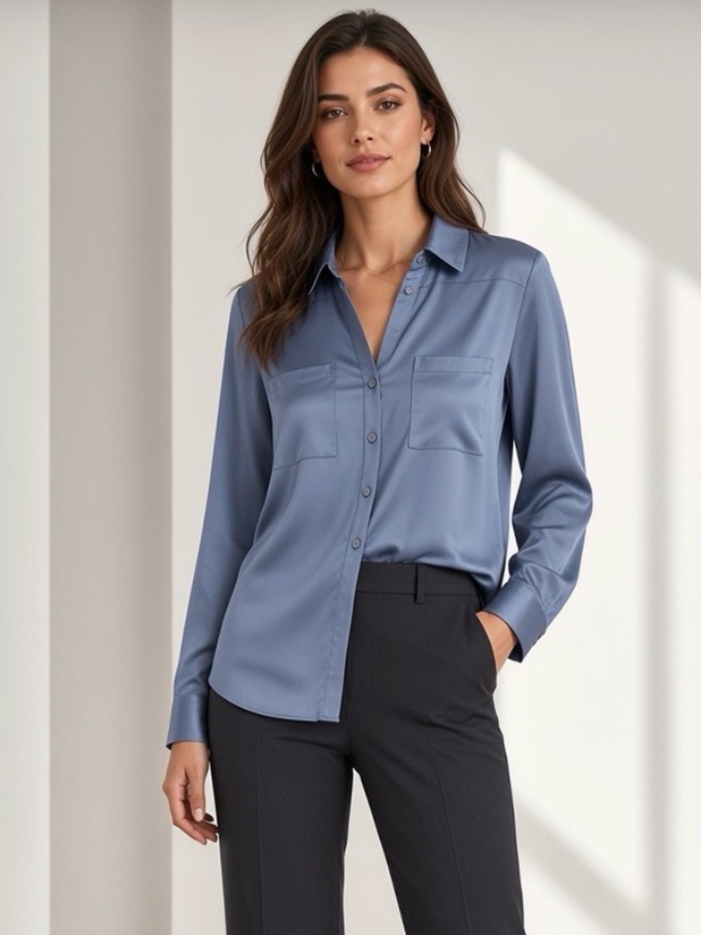 Express Portofino Slim Fit Button-Up Shirt – Dusty Blue – Size L